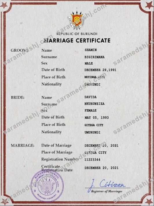 Burundi marriage certificate PSD template